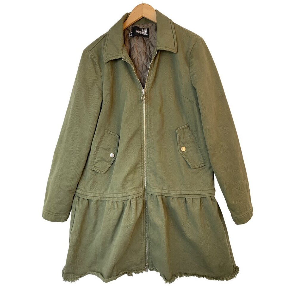 Rare Love Moschino Olive Drop Waist A-Line Coat Dress Full Zip Size 10 10034